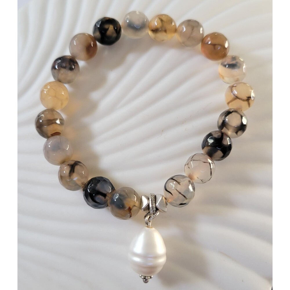 Handmade Dragon Vein Agate & Baroque Pearl Stretch Bracelet
